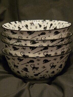 Coco Lola/Mug Shotz Set of Four White Ceramic Halloween Serving/Cereal Bowls